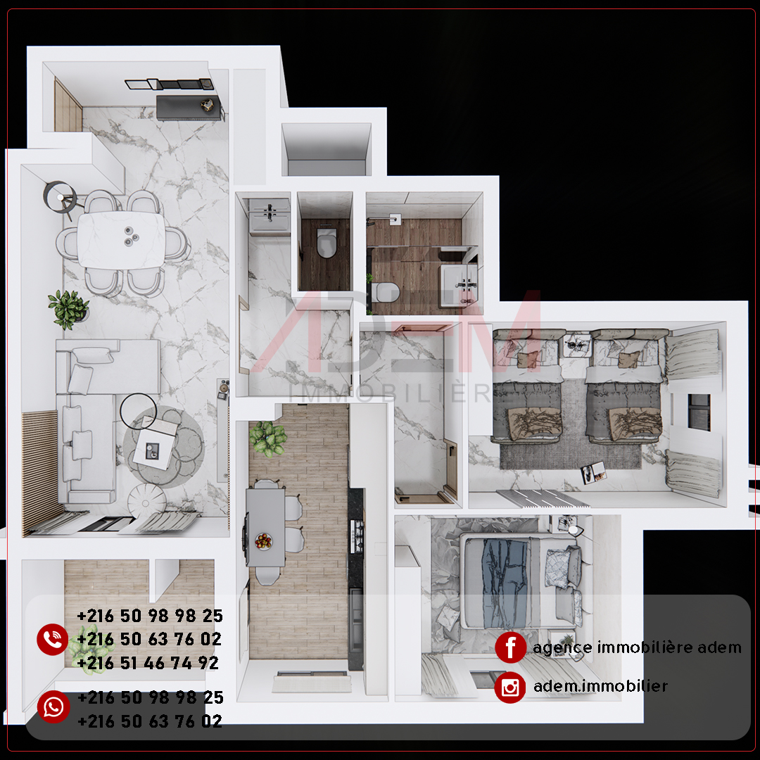 Sousse Jaouhara Sahloul Vente Appart. 3 pices Appartement directe promoteur