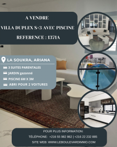 La Soukra&nbsp;La Soukra&nbsp;Vente&nbsp;Maisons&nbsp;A  villa duplex s4 avec piscine ref1371a