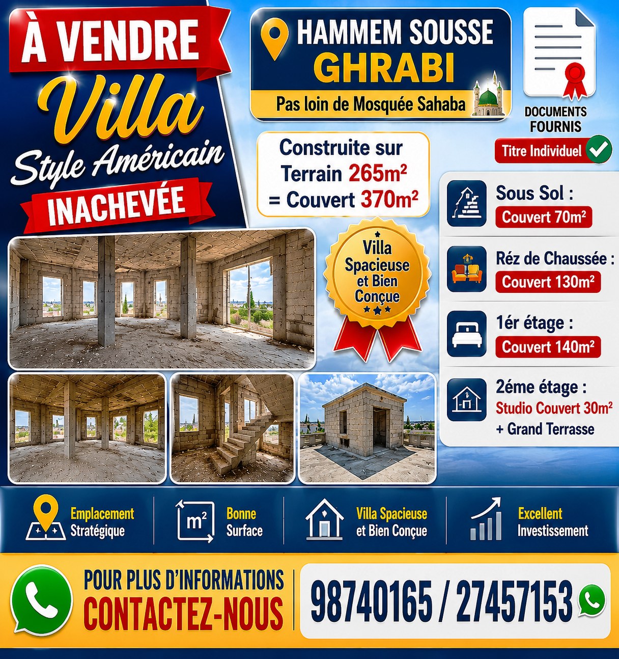 Hammam Sousse&nbsp;Hammam Sousse Gharbi&nbsp;Vente&nbsp;Maisons&nbsp;Villa style am�ricain inachev� hammem sousse