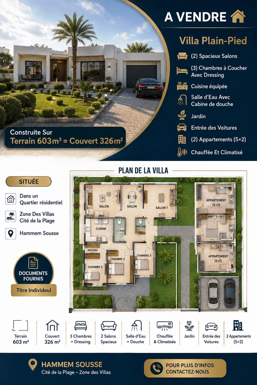 Hammam Sousse&nbsp;Cite De La Plage 1&nbsp;Vente&nbsp;Maisons&nbsp;Villa avec deux appartements s2 � hammem sousse