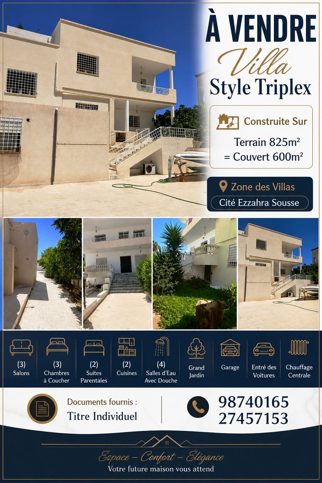 Sousse Ville&nbsp;Cite Jaouhara&nbsp;Vente&nbsp;Maisons&nbsp;Offre villa style triplex � cit� ezzahra sousse