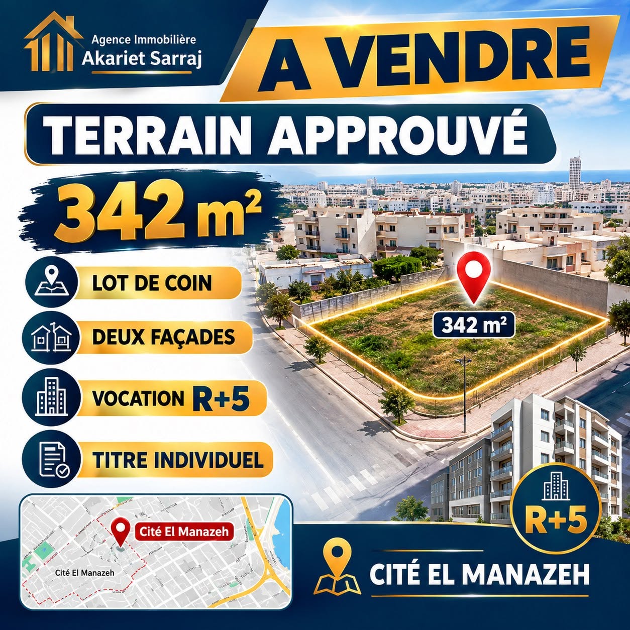Kalaa Essghira&nbsp;Cite El Manezeh&nbsp;Terrain&nbsp;Terrain nu&nbsp;Lot de coin 342m deux fa�ades � cit� el manazeh