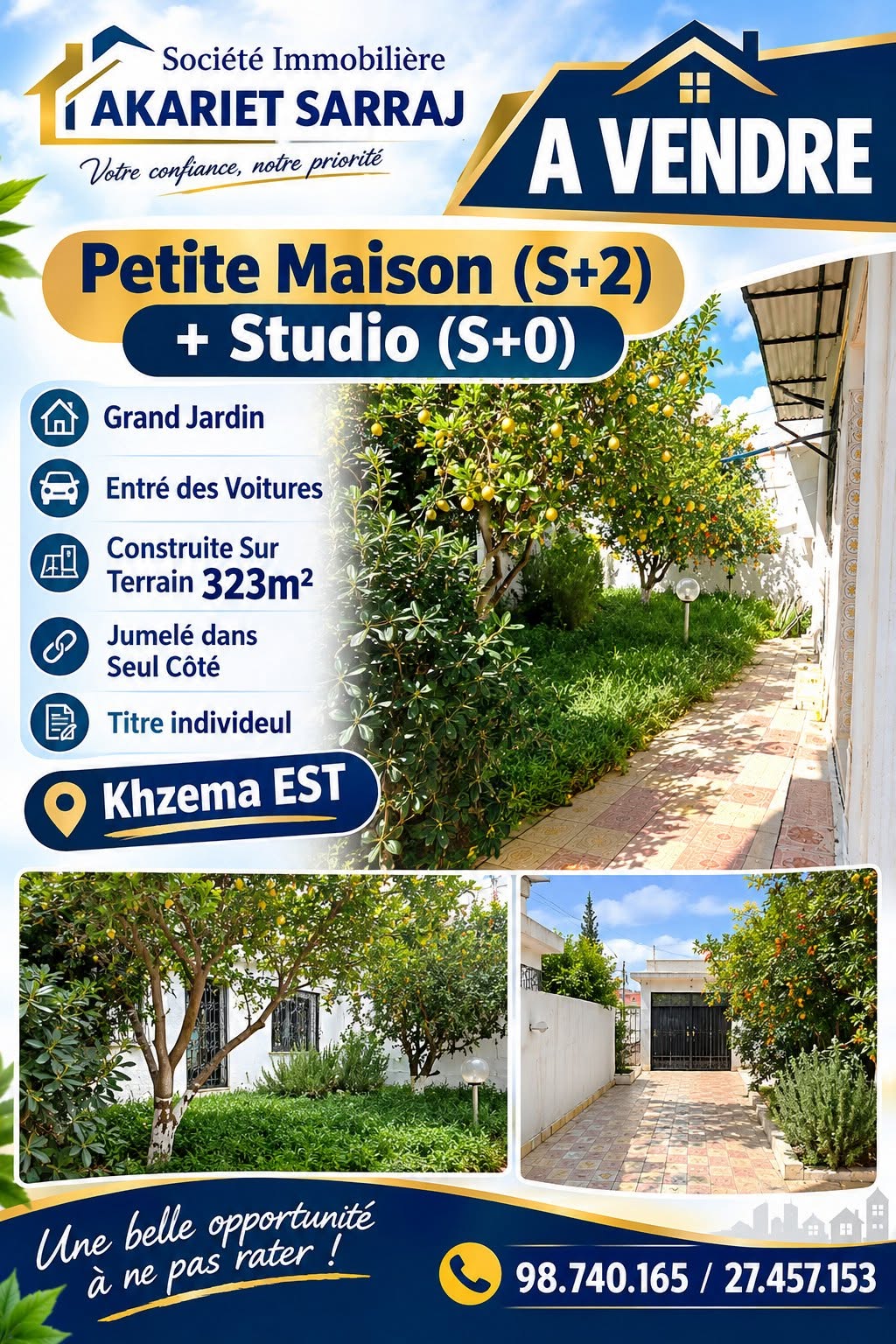 Sousse Jaouhara&nbsp;Sousse Khezama&nbsp;Vente&nbsp;Maisons&nbsp;Petite maison s2 avec studio s0 � khzema est