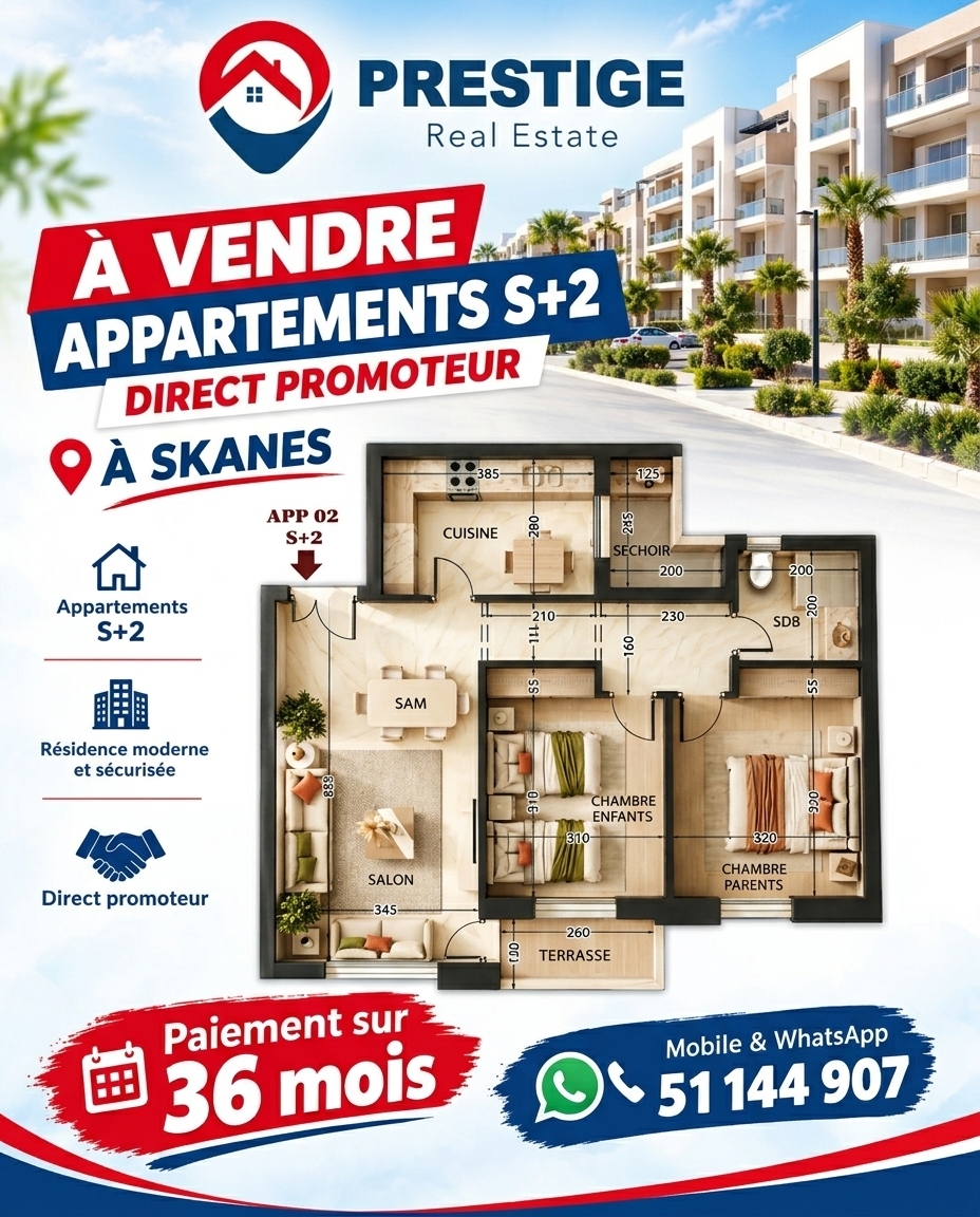 Monastir&nbsp;Zone Skanes&nbsp;Vente&nbsp;Appart. 2 pi�ces&nbsp;Appartement direct promoteur skanes monastir