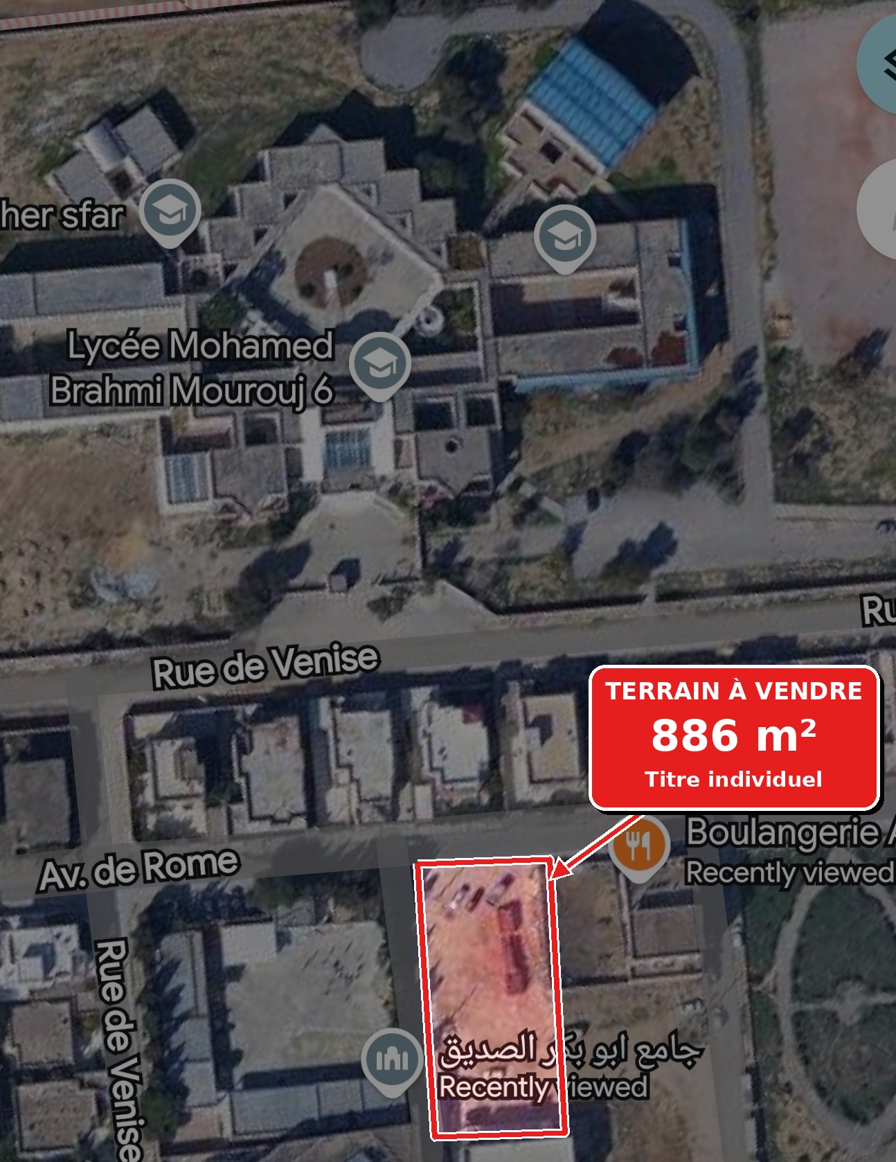 El Mourouj&nbsp;El Mourouj&nbsp;Vente&nbsp;Surfaces&nbsp;Terrain 886 m titr�  el mourouj 4 avenue de rome