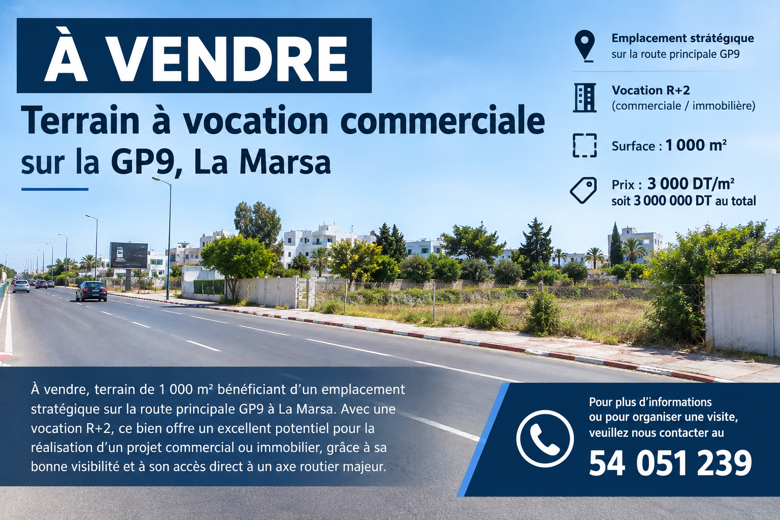 La Marsa&nbsp;Sidi Daoud&nbsp;Vente&nbsp;Surfaces&nbsp;Errain � vocation commerciale sur la gp9 la marsa